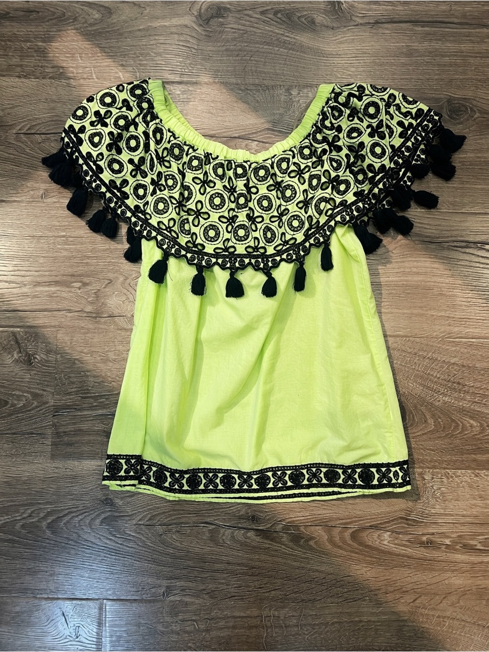 crown & ivy Neon Lime Off-Shoulder Tassel Embroidered Tunic